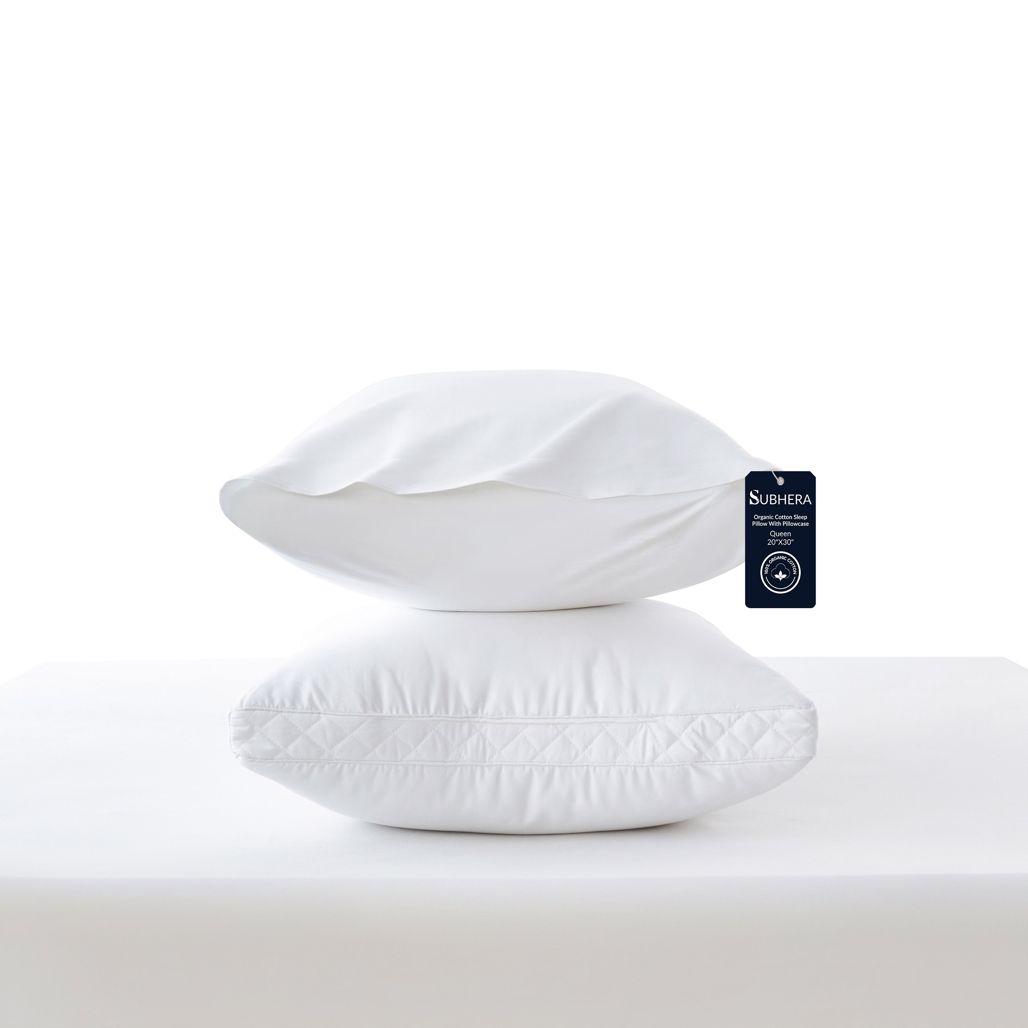 SUBHERA Organic Cotton Bed Pillow (20x30) with pillowcase – 2" Quilted Gusset Support for All-Night Comfort