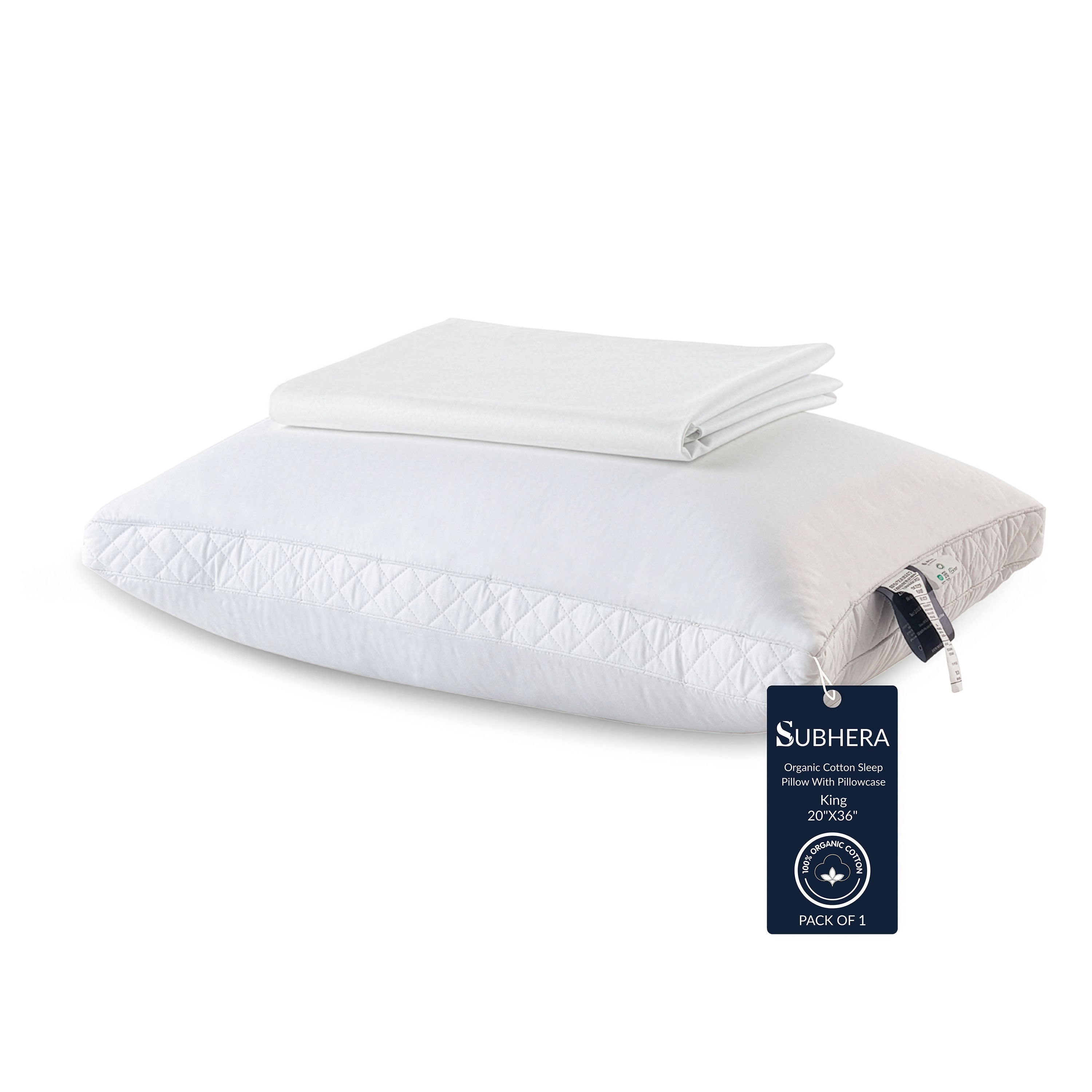 SUBHERA Organic Cotton Bed Pillow (20x30) with pillowcase – 2" Quilted Gusset Support for All-Night Comfort
