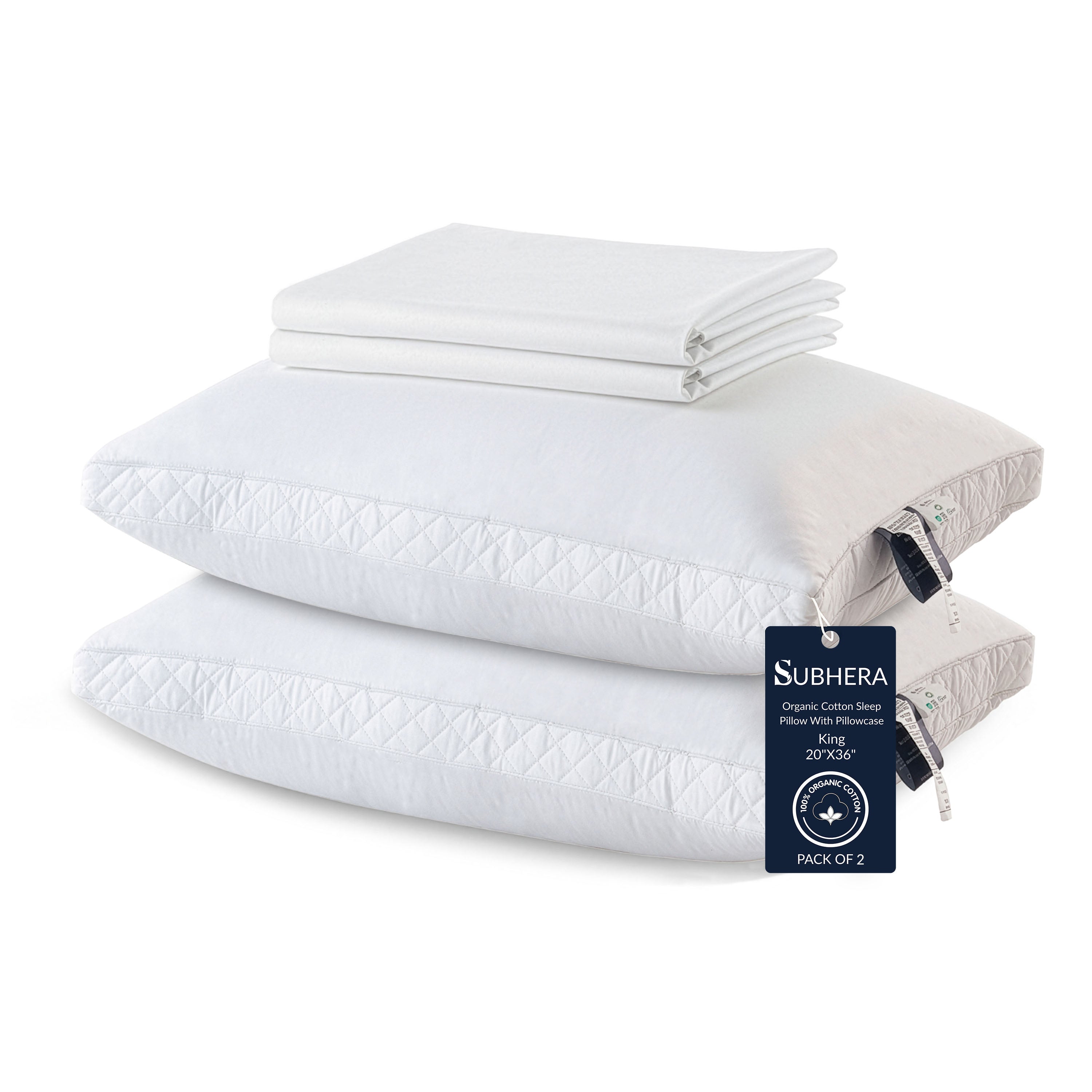 SUBHERA Organic Cotton Bed Pillow (20x30) with pillowcase – 2" Quilted Gusset Support for All-Night Comfort