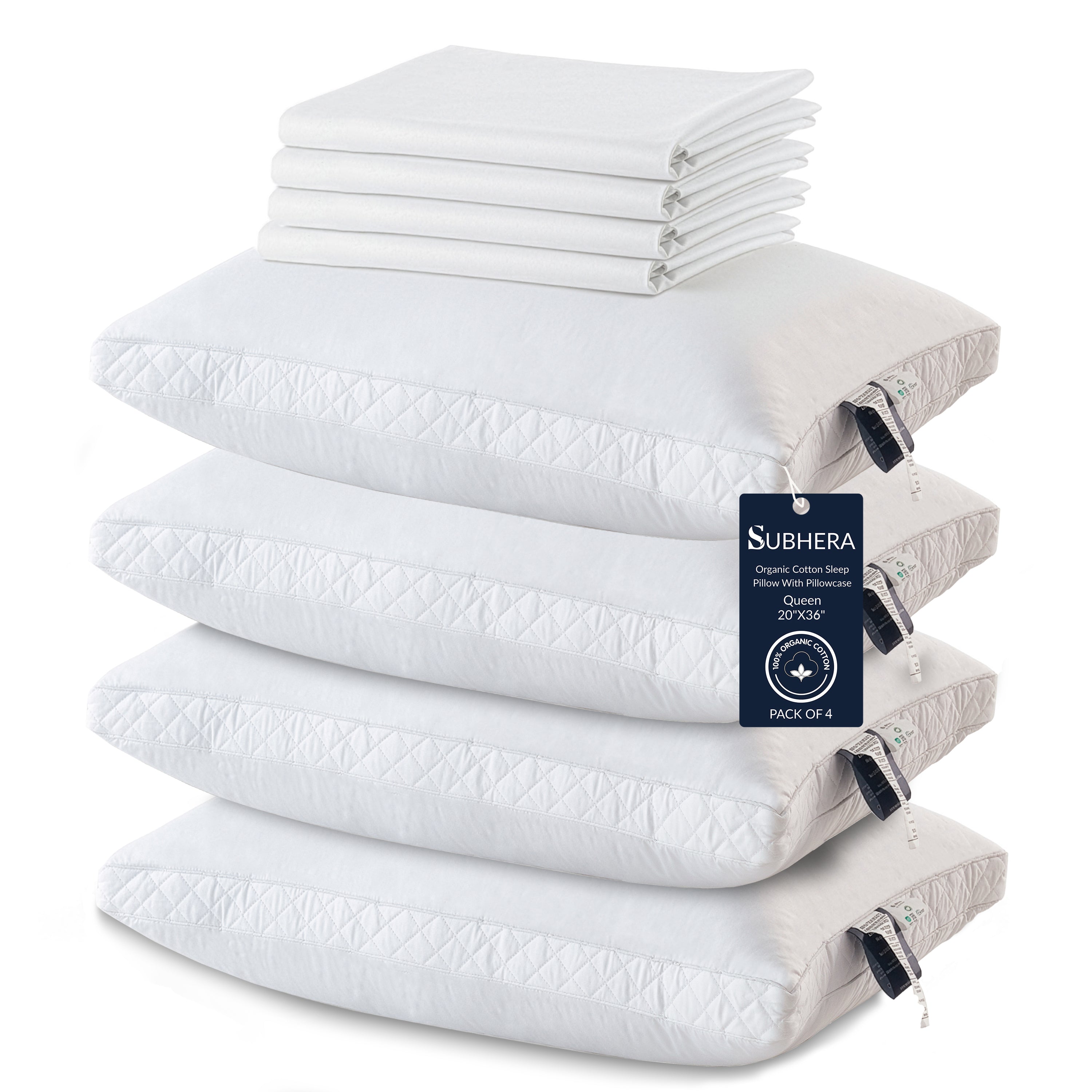 SUBHERA Organic Cotton Bed Pillow (20x30) with pillowcase – 2" Quilted Gusset Support for All-Night Comfort