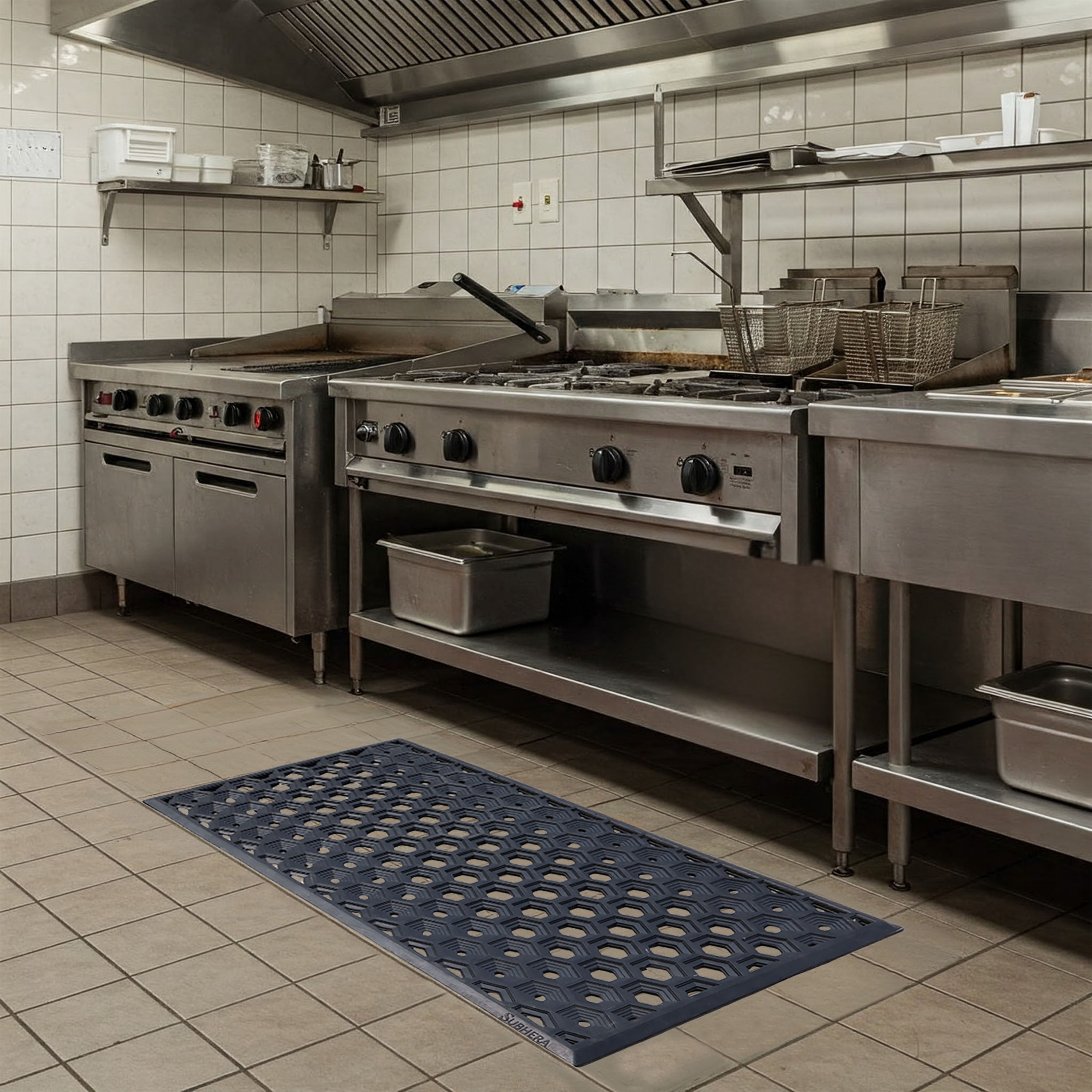 SUBHERA Heavy-Duty 36X60 Rubber Kitchen Mat – Anti-Fatigue, Non-Slip Drainage Mat for Professional Workspaces