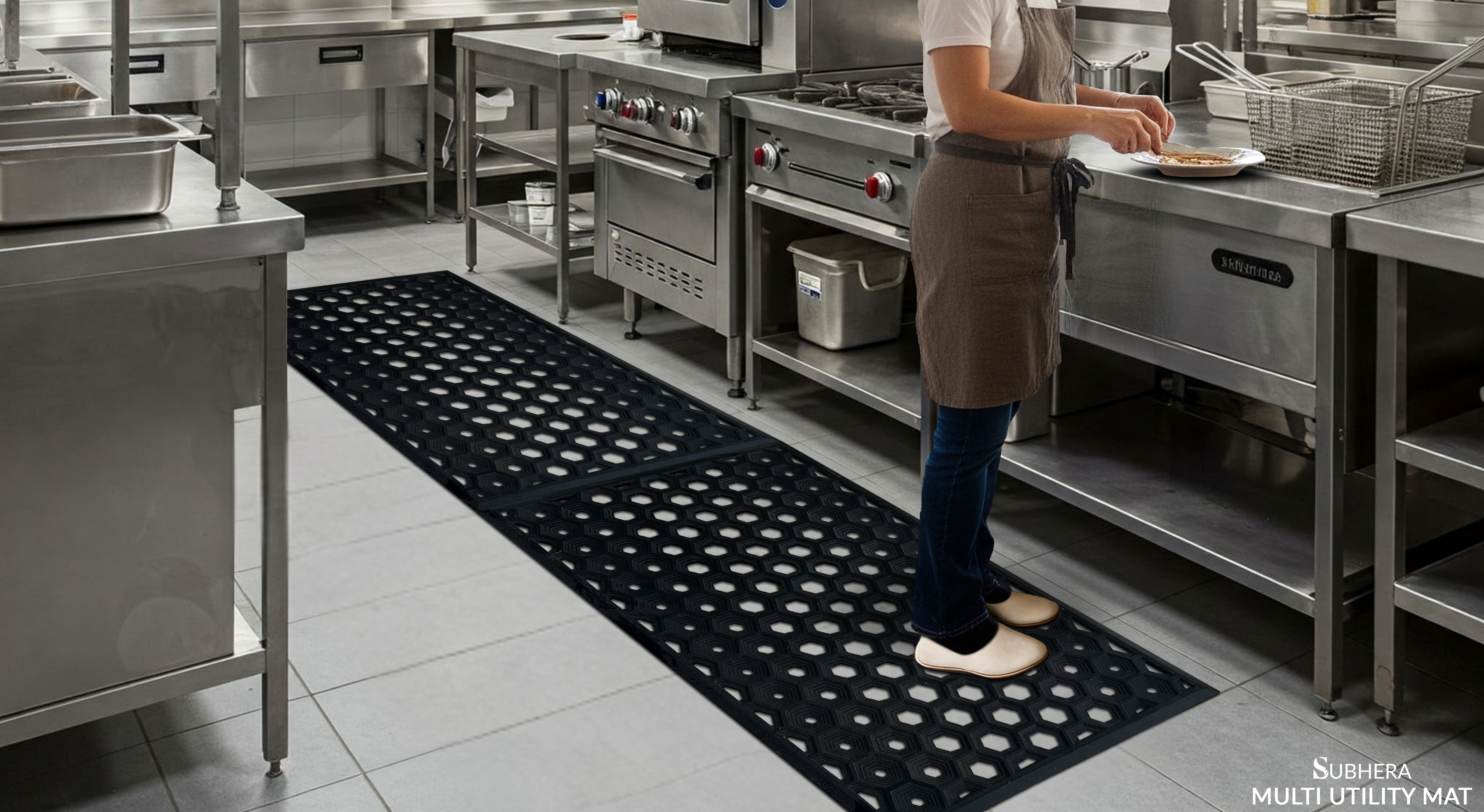 SUBHERA Heavy-Duty 36X60 Rubber Kitchen Mat – Anti-Fatigue, Non-Slip Drainage Mat for Professional Workspaces