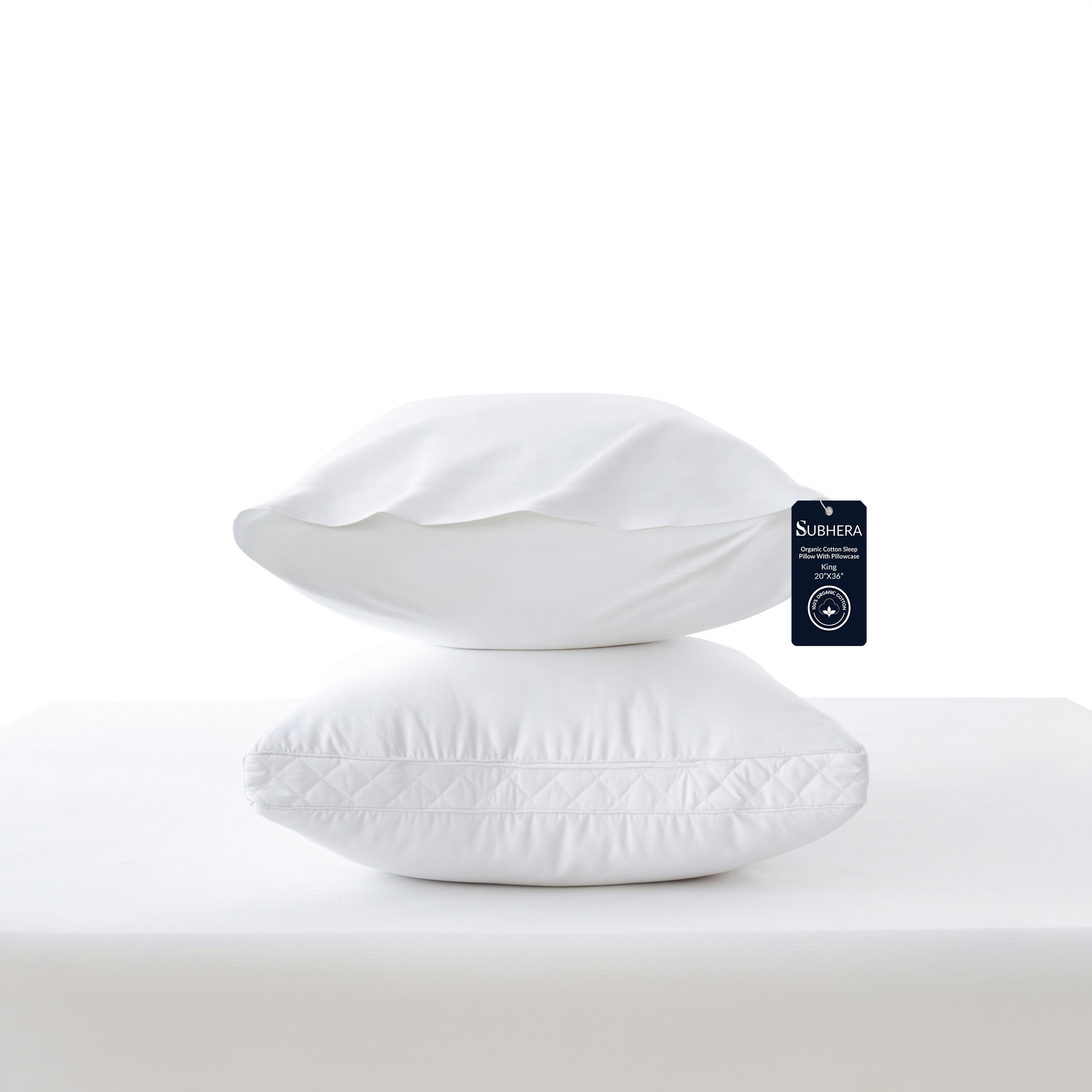 SUBHERA Organic Cotton Bed Pillow (20x36) with Pillowcase – 2" Quilted Gusset Support for All-Night Comfort