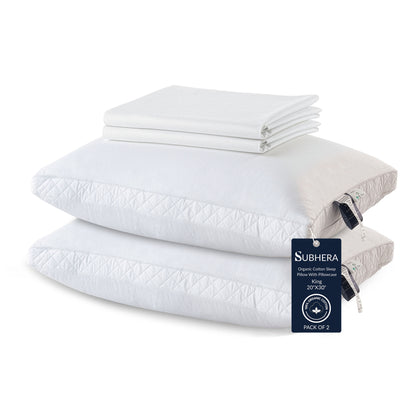 SUBHERA Organic Cotton Bed Pillow (20x30) with pillowcase – 2" Quilted Gusset Support for All-Night Comfort