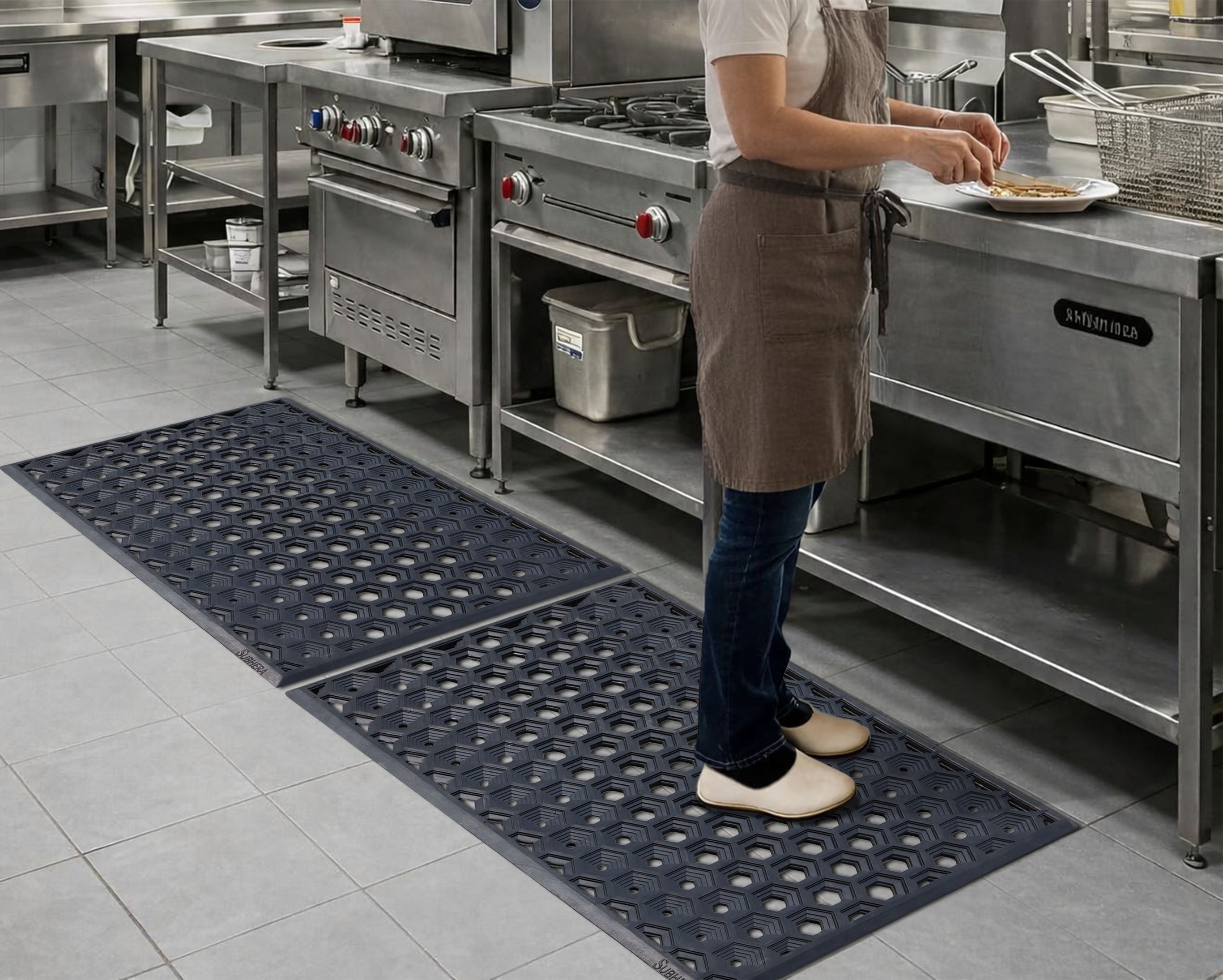 SUBHERA Heavy-Duty 36X60 Rubber Kitchen Mat – Anti-Fatigue, Non-Slip Drainage Mat for Professional Workspaces